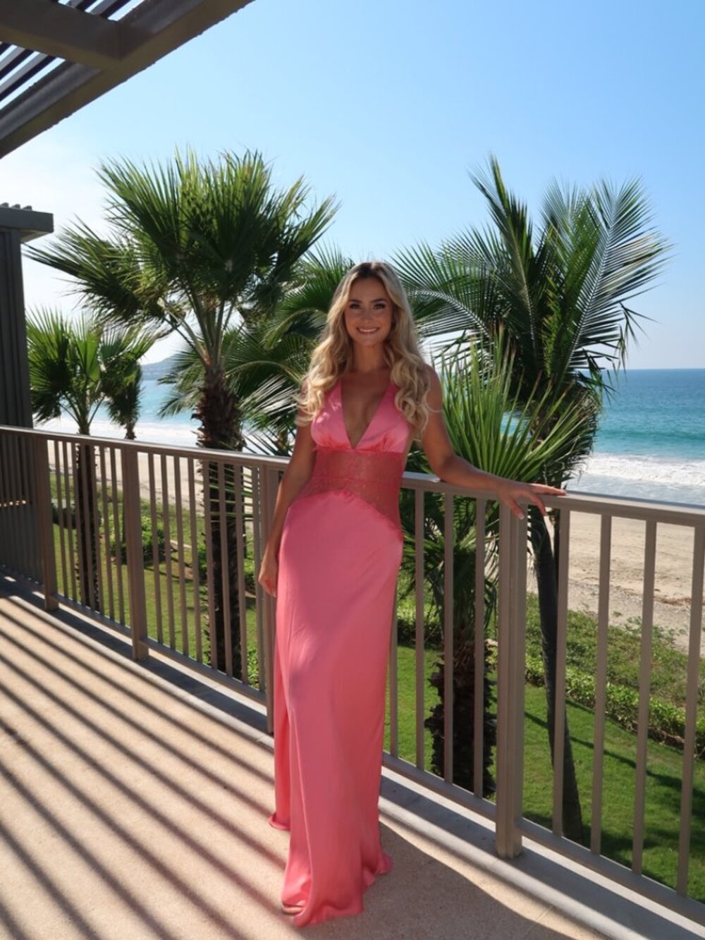 MESHKI Dinah Lace and Satin Maxi Dress Blush Rose Pink Worn Once